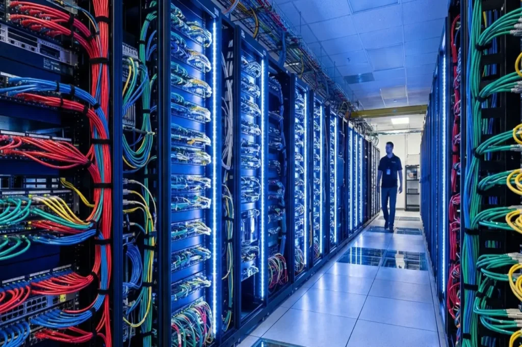 Data center de inteligencia artificial con racks de servidores y sistemas de potencia de alta tensión a 1.500 VDC, optimizado para seguridad eléctrica y escalabilidad.