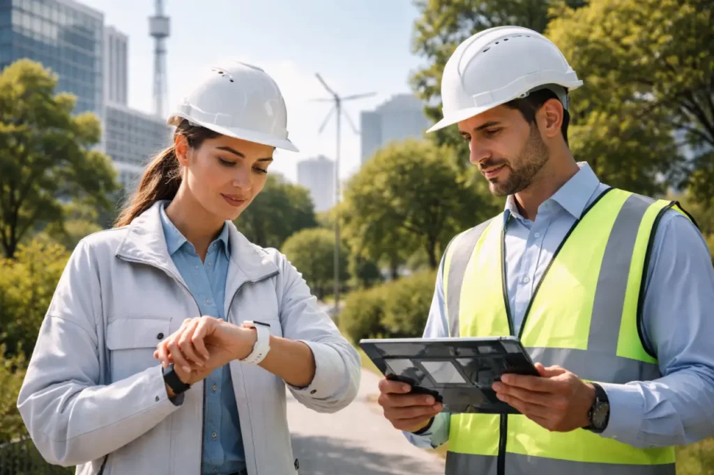 Ingenieros utilizando dispositivos wearables con eSIM en entorno urbano sostenible. Crecimiento de eSIM en 2026: la conectividad entra en una nueva fase.